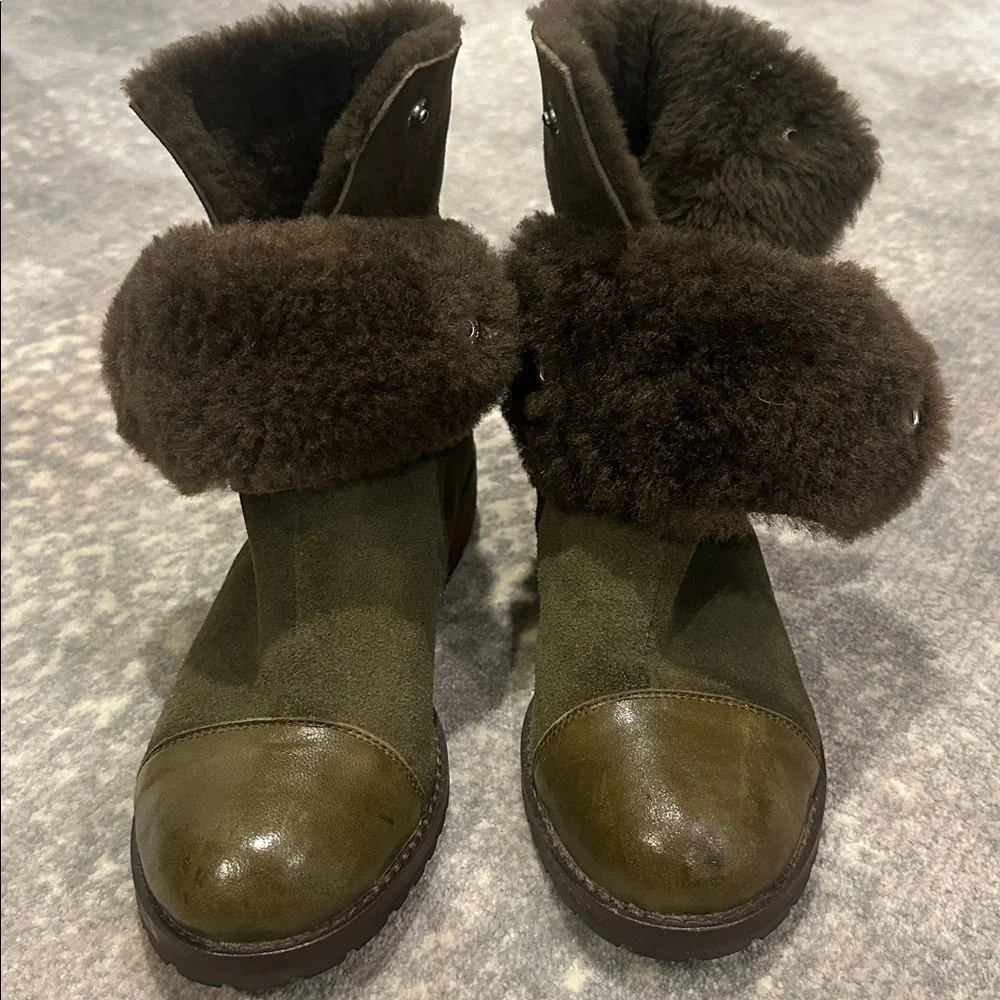 MATT BERNSON REAL SHEEPSKIN SHEARLING ARMY GREEN BOOTS SIZE 7.5 - Picture 3 of 13